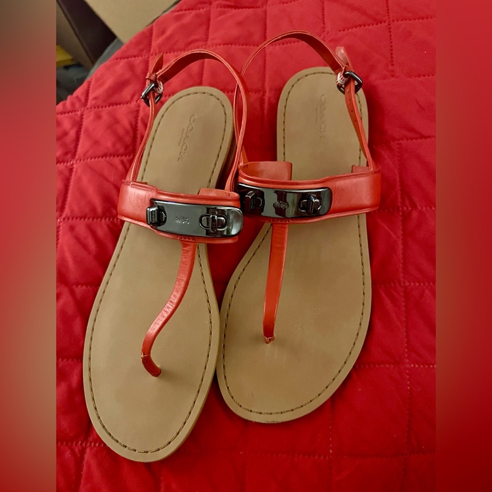 Coach Gracie Swagger Orange-Rust Orange Turn Lock Leather T Strap Sandals. - Picture 11 of 14